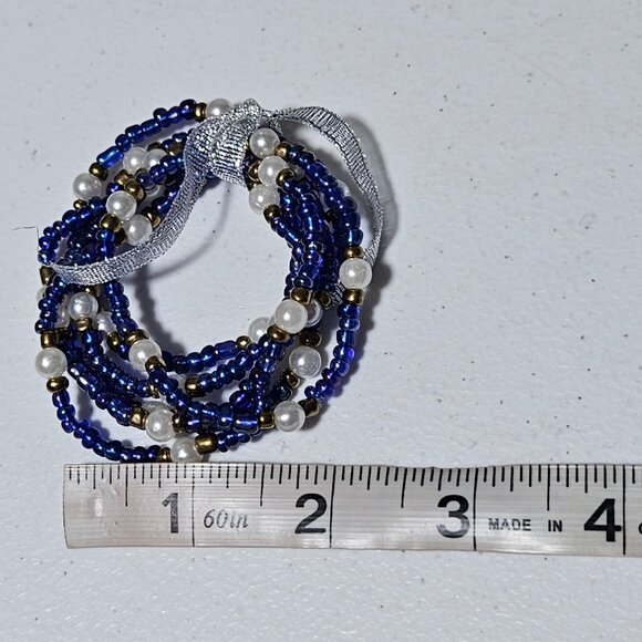 Blue Beaded Faux Pearl Bracelets Gold Accents Set of 6 Tied Silver Ribbon Gift - Picture 4 of 4